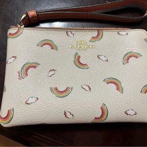 Coach Beige Wristlet with Colorful Rainbow Design